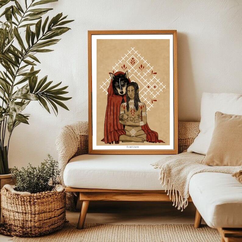 Ilustración Maternidad Consciente y Protección Sagrada – Mujer Amamantando con Lobo – Decoración Espiritual para Mujeres Fuertes