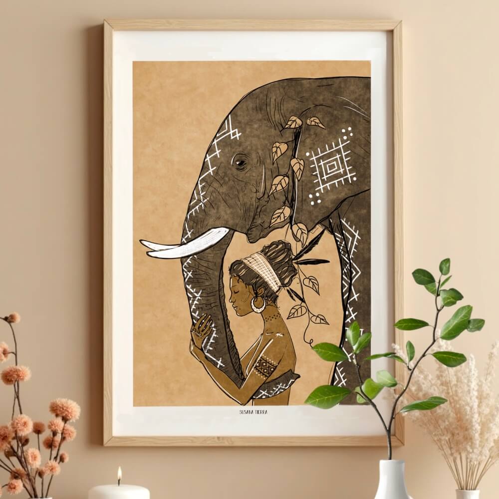 Ilustracion de mujer y elefante, ilustracion consciente, arte espiritual