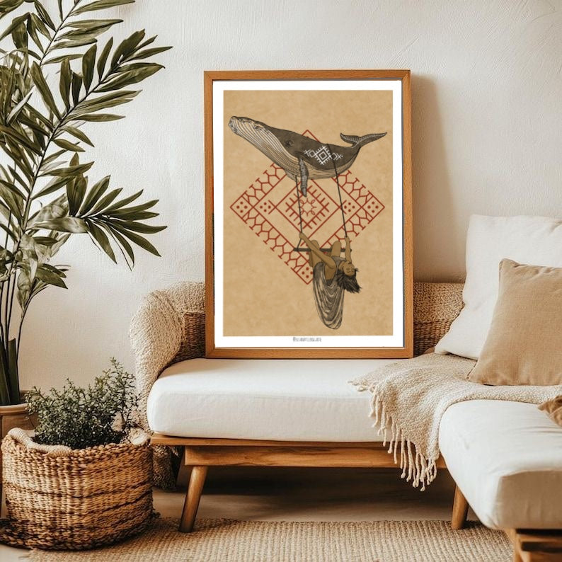 ilustración de mujer columpiandose con ballena