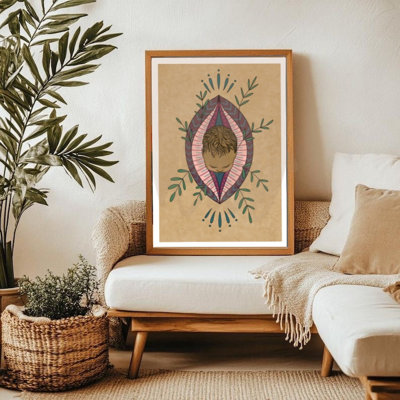 Ilustracion de un yani sagrado dando a luz en el momento en el que el bebe asomaa la vida