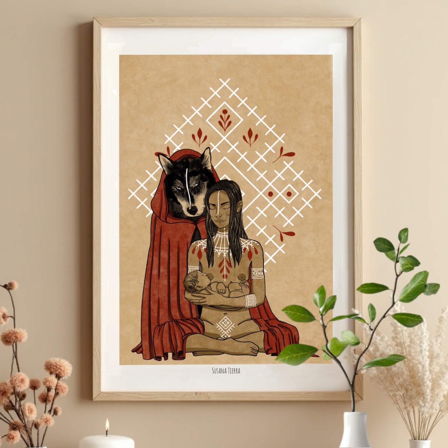 Ilustración Maternidad Consciente y Protección Sagrada – Mujer Amamantando con Lobo – Decoración Espiritual para Mujeres Fuertes